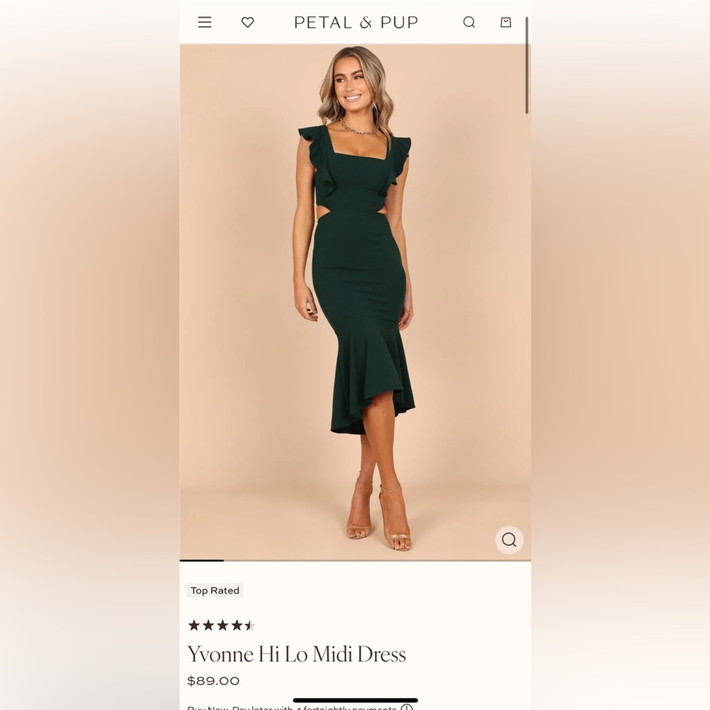 Petal & Pup Forest Green Ruffle-Hem Cutout Midi Dress
